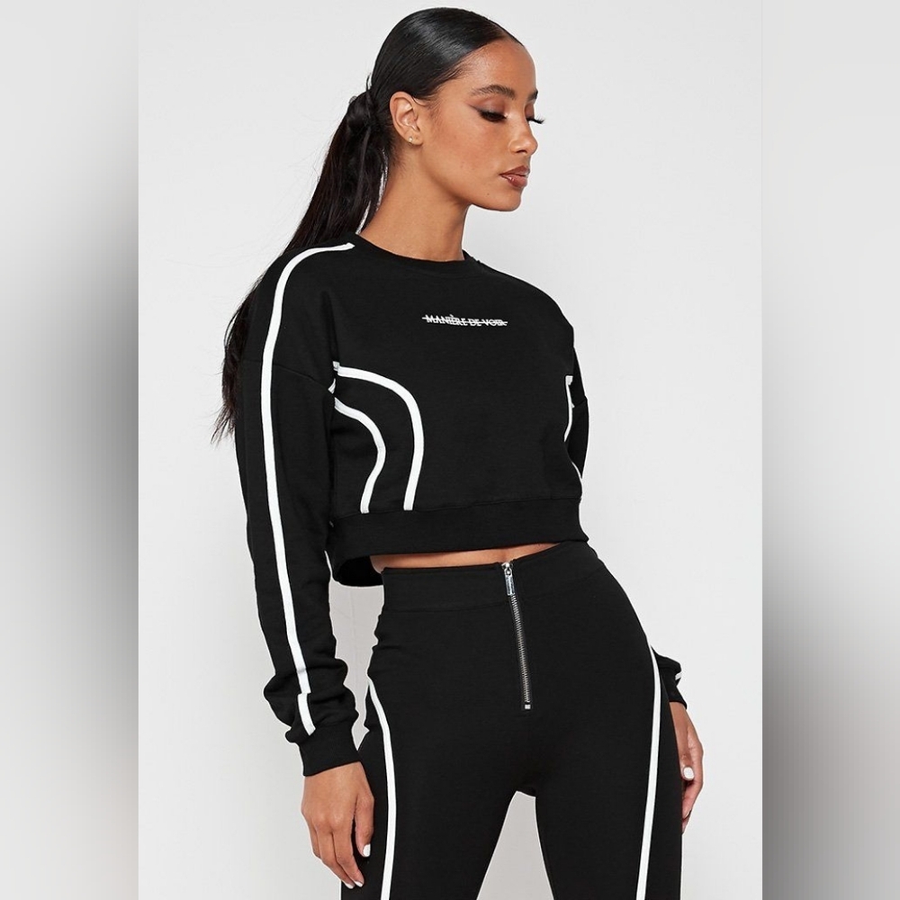 Maniere De Voir Black Cropped Sweatshirt with White Piping